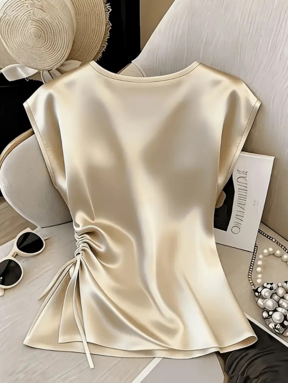 Spring Summer New Solid Color Sleeveless Top, Round Neck Pearl Decor Elegant - Picture 2 of 4